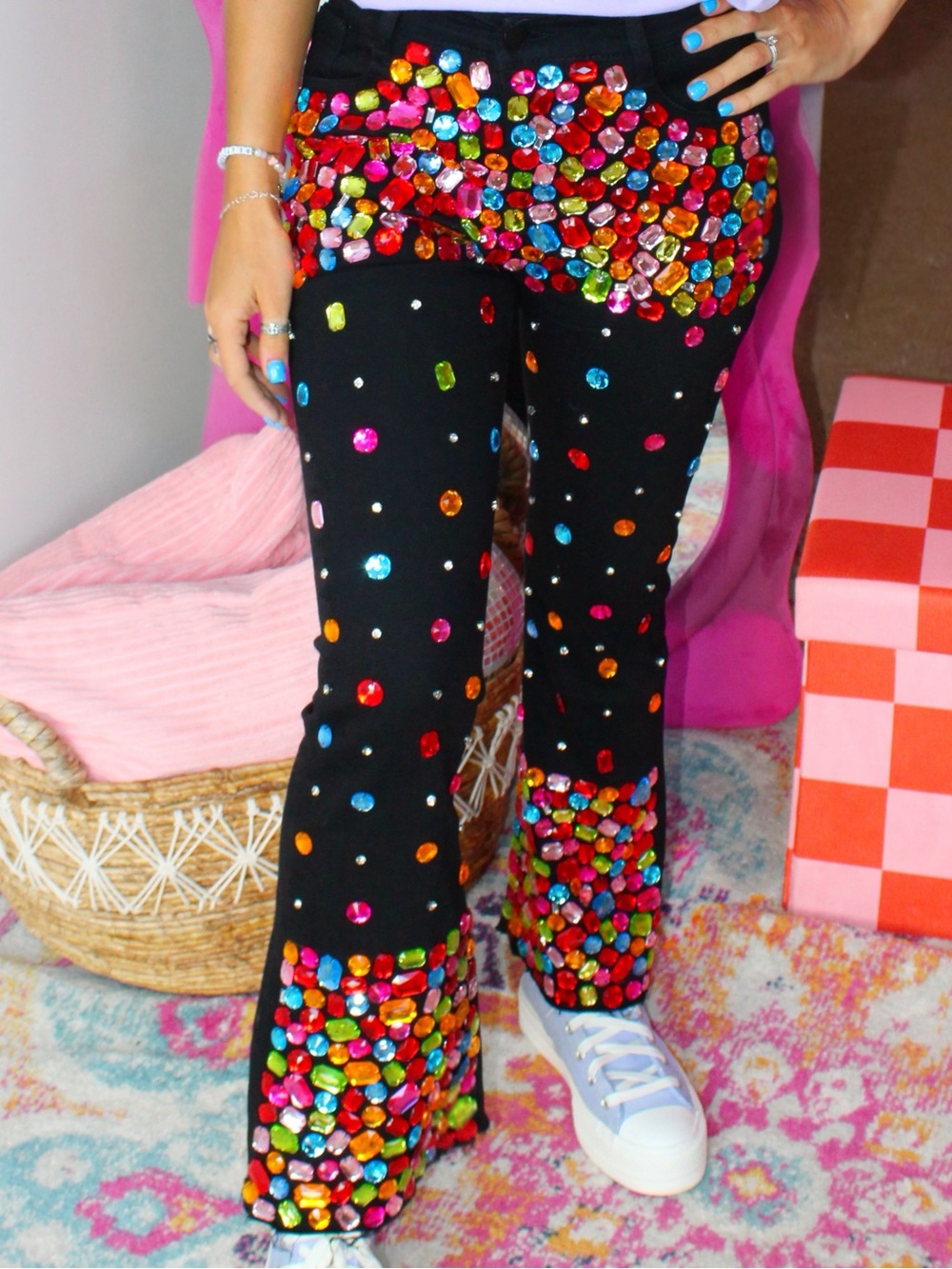 Black Jeans with Multicolor Gem Accents